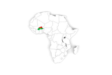 Beyaz arka planda izole edilmiş Burkina Faso bayrağı ile işaretlenmiş sınırlarla Afrika 3d haritası - 3D Görüntü