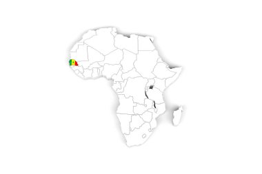 Sınırları işaretlenmiş Afrika 3d haritası - Senegal bayrağı ile işaretlenmiş - beyaz arkaplanda izole edilmiş - 3D İllüstrasyon