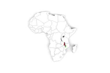 Sınırları işaretlenmiş Afrika 3d haritası - Malavi bayrağı ile işaretlenmiş - beyaz arkaplanda izole edilmiş - 3D Görüntü