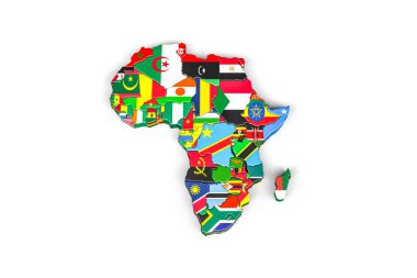 Sınırları işaretlenmiş Afrika 3d haritası - haritadaki her ülke kendi bayrağıyla işaretlenmiş - beyaz üzerinde izole - 3D İllüstrasyon