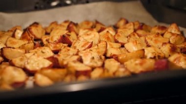 Biberiye, sarımsak, biber ve kekik fırında ile kavrulmuş patates. Sağlıklı Vegan diyet ya da pişirme tarifi kavramı 4k görüntüleri.