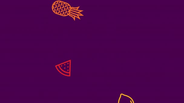 Fallen Früchte Bewegungsgrafik Animation auf violettem Hintergrund. 4k. — Stockvideo