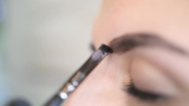 Cosmetoligist Master är Foing svart Make-up på ögonbrynen för ung kvinna klient. 4 k Glamour Mua, Slowmotion. — Stockvideo