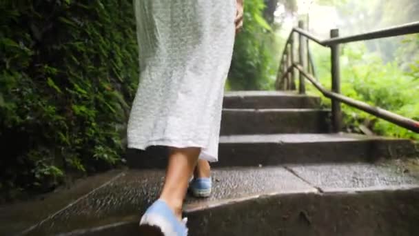 Joven chica de raza mixta feliz en vestido blanco caminando en el bosque selvático, mirando a su alrededor y tocando con hojas tropicales de mano. Calm and Carefree Lifestyle Travel 4K Slowmotion Filmación. Bali, Indonesia . — Vídeos de Stock