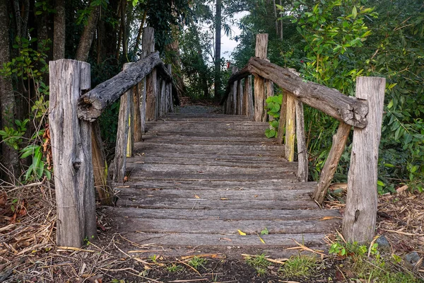 Rickety Naturalistik Tua Bobrok Jembatan Kayu Menyeberangi Sungai Kecil Taman — Stok Foto