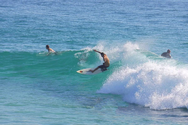 Young Male Surfer Riding Wave Standing Two Paddling Beautiful Blue — Stock Photo, Image