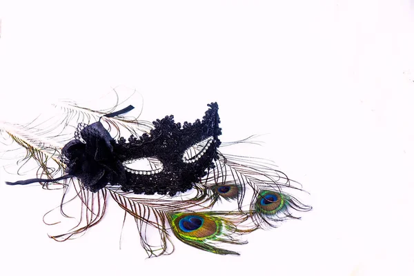 Fancy Black Venetian Mask Lace Diamantes Peacock Feathers Carnival Fasching — Stock Photo, Image