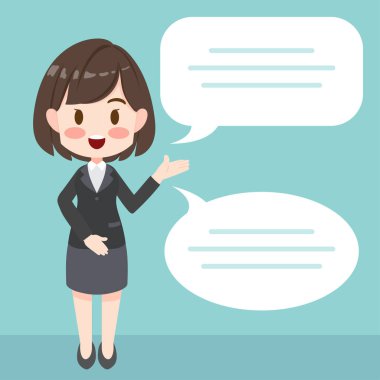 Konuşma balonu olan bir iş kadını. Ticari finansal pazarlama kavramı için düz tasarım karikatür çizimi.