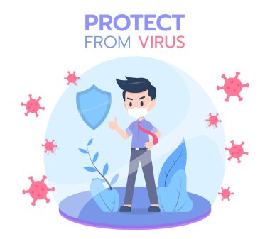 İnsan, Corona virüsünü korur ve onunla savaşır, insanları savunur düz dizayn tarzı, Vektör İllüzyonu.