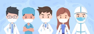 Doktorlar ve tıbbi personel koruyucu yüz maskeleri takıyor. Vektör illüstrasyonu.