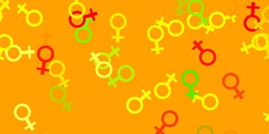 Açık Kırmızı, kadın sembollü sarı vektör arkaplan. Modern stilde eğilim gösteren renkli feminizm sembolleri. Web siteniz için basit tasarım.