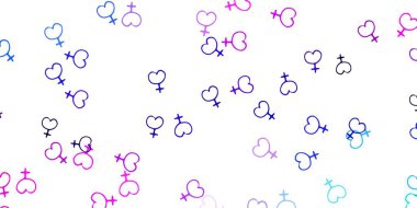 Açık Pembe, üzerinde kadın güç sembolleri olan mavi vektör arkaplan. Modern stilde eğilim gösteren renkli feminizm sembolleri. Duvar kağıtları için zarif tasarım.