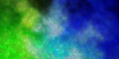 Açık mavi, yeşil vektör arkaplan, çizgiler, üçgenler. Üçgen şekilli ışıltılı soyut çizimler. Broşürler, broşürler için desen