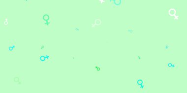 Kadın sembollü açık yeşil vektör arka planı. Modern stilde eğilim gösteren renkli feminizm sembolleri. Duvar kağıtları için zarif tasarım.