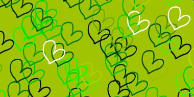 Açık yeşil, güzel kalpleri olan sarı vektör dokusu. Soyut şablondaki kalplerle dekoratif, parlak bir illüstrasyon. Yıldönümü reklamın için tasarım.