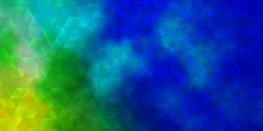 Açık mavi, çizgileri ve üçgenleri olan yeşil vektör düzeni. Renkli üçgenlerin olduğu bir resim. Broşürler, broşürler için desen