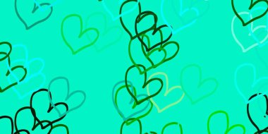 Açık mavi, karalama kalpli sarı vektör şablonu. Kalpler soyut arkaplanda bulanık ve rengarenk. Sevgililer günü ilanı ve kitapçıkları için bir model..