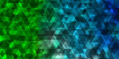 Açık mavi, çizgileri ve üçgenleri olan yeşil vektör düzeni. Renkli eğimli üçgenlerin çizimi. Broşürler, broşürler için desen