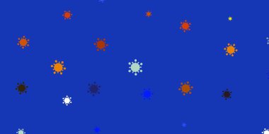 Açık mavi, covid-19 sembollü sarı vektör arkaplan. Enfeksiyon formları ile soyut tarzda basit tasarım. Biyolojik tehlike uyarısı için tasarım.