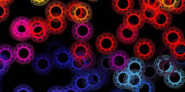 Covid-19 sembollü koyu renkli vektör arkaplanı. Biyolojik değişim şekilli soyut çizimler. Sağlık korunması için duvar kağıdı.