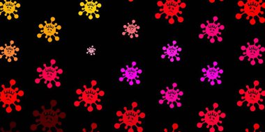 Koyu pembe, covid-19 sembollü sarı vektör arkaplan. Değişik tıbbi şekillere sahip renkli soyut çizimler. Tehlike ateşine karşı basit çizim.