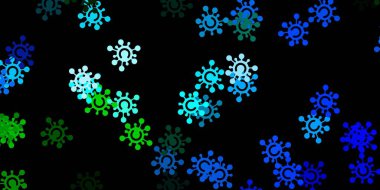 Koyu mavi, üzerinde grip belirtileri olan yeşil vektör şablonu. Basit ve soyut bir şekilde renkli hastalık sembolleri. Tehlike ateşine karşı basit çizim.