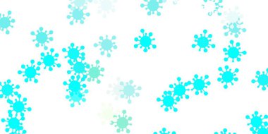 Açık mavi, yeşil vektör desenli ve koronavirüs elementli. Basit ve soyut bir şekilde renkli hastalık sembolleri. Biyolojik tehlike uyarısı için tasarım.