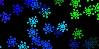 Koyu mavi, üzerinde grip belirtileri olan yeşil vektör şablonu. Basit ve soyut bir şekilde renkli hastalık sembolleri. Salgın bilgisine karşı basit tasarım.