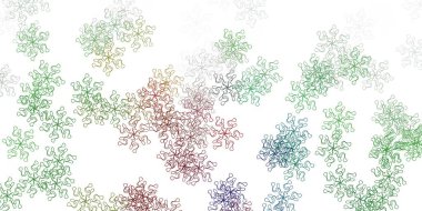 Açık yeşil vektör arkaplanını çiçeklerle karalıyor. Basit arka planda rengarenk soyut çiçekler. Yepyeni iş tasarımı.