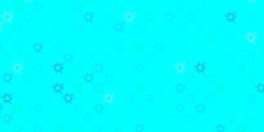 Koyu mavi, üzerinde virüs sembolleri olan yeşil vektör arkaplanı. Dekoratif tarzında renkli işaretleri olan akıllı illüstrasyon. Karantina olayları için en iyi tasarım.