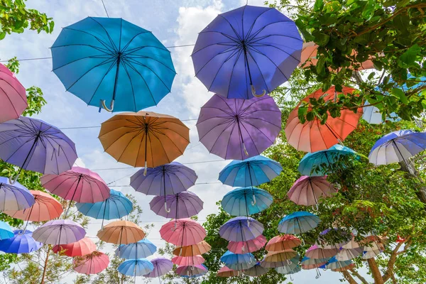 Many Multiple Colors Umbrella Blue Sky Background Decorate Park Summer — Stock Photo, Image