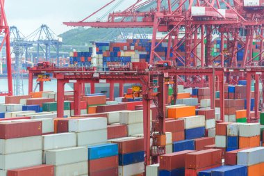 Lojistik ve taşımacılık konteyner ve vinç köprü. ithalat ihracat ve ulaşım sanayi arka plan