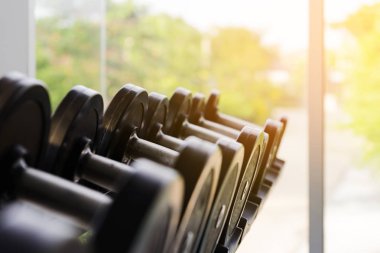 Spor salonunda rafa siyah dambıl sırası. Ağırlık Eğitim Ekipmanları. Sağlık kavramı.