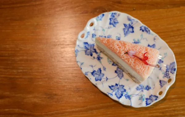 Top view of Piece of homemade taro cake in classic plate on table with copy space for text — Stock Photo, Image