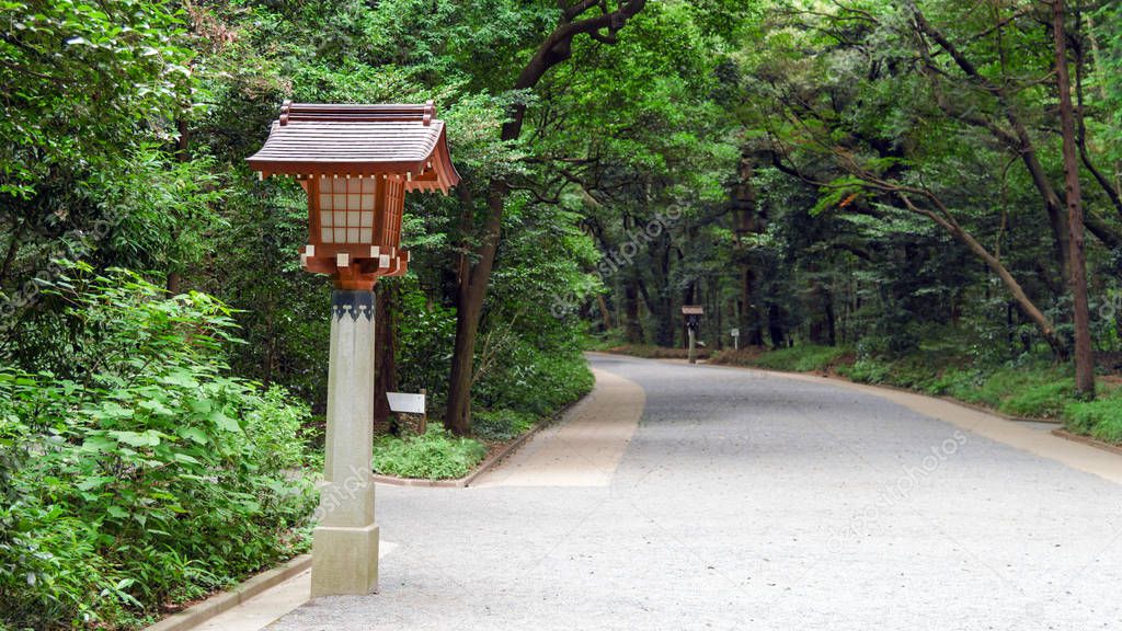 Traditional Japanese wooden lantern on pathway in Meiji-Jingu Shrine, Tokyo, Japan