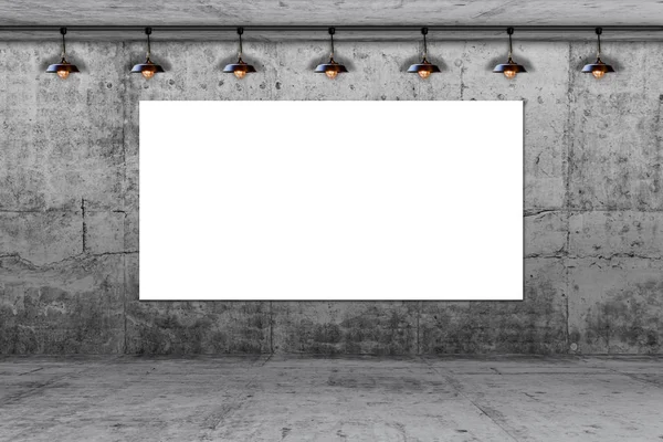 Concrete wall with big white paper card and lamp. write text on paper for advertise or public relations — Stock Photo, Image