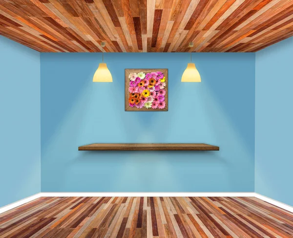 Shelf on wall in Show Room.  Wall and wooden floor interior background, Template for product display and copy space — Stock Photo, Image