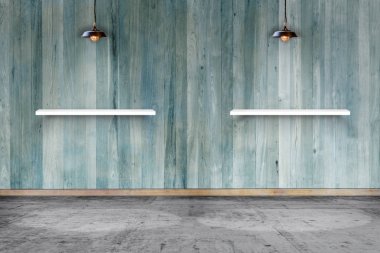 Shelf on wooden wall in room, Template for product display and copy space