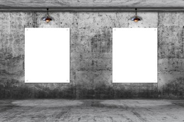 beyaz kağıt kart ve lamba ile beton duvar. reklam veya halkla ilişkiler için kağıda metin yazmak