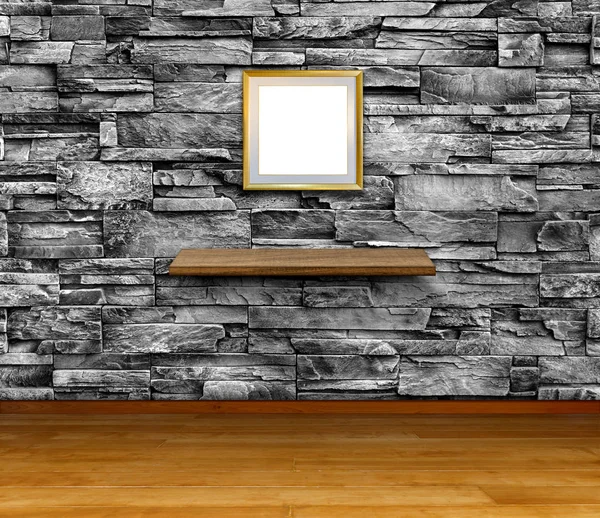Blank frame and Shelf on Granite stone wall, Template for product display and copy space — Stockfoto