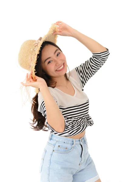 Portrait Happy Young Asian Female Smiling Wearing Straw Hat Summer — Stock Photo, Image