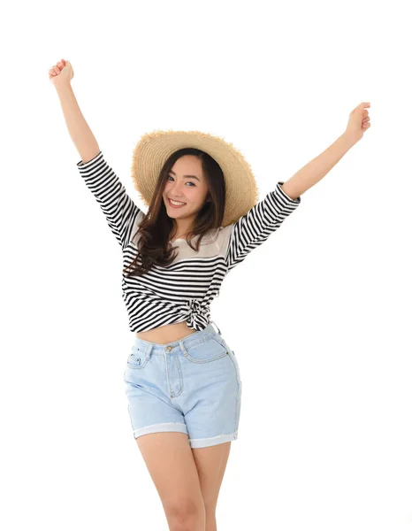 Retrato Feliz Jovem Asiático Fêmea Sorrindo Vestindo Chapéu Palha Vestido — Fotografia de Stock