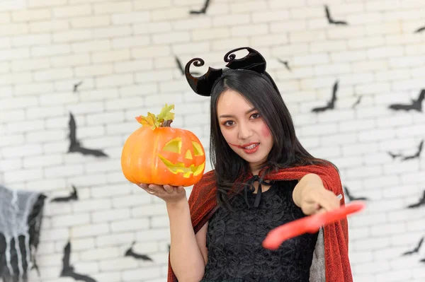 Portrait Beautiful Young Asian Woman Wearing Witch Costume Holding Pumpkin — Stock Photo, Image