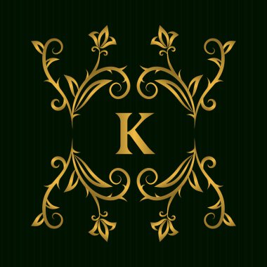 Altın Monogram Tasarım öğeleri, zarif şablonu. Kaligrafi zarif hat sanat logo. K harfi amblemi kimlik Restoran, telif, butik, kafe, otel, Heraldic, takı, moda, şarap. Vektör