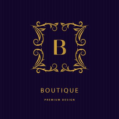 Altın Monogram Tasarım öğeleri, zarif şablonu. Kaligrafi zarif hat sanat logo. B harfi amblemi kimlik Restoran, telif, butik, kafe, otel, Heraldic, takı, moda, şarap. Vektör
