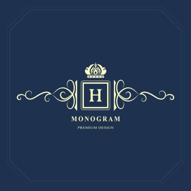 Monogram Tasarım öğeleri, zarif şablonu. Kaligrafi zarif hat sanat logo tasarımı. Büyük harf amblemi işaret H Royalty, kartvizit, butik, otel, Restoran. Vektör çizim