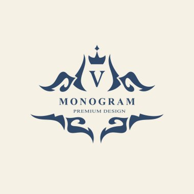 Monogram Tasarım öğeleri, zarif şablonu. Kaligrafi zarif hat sanat logo tasarımı. Büyük harf amblemi işareti V Royalty, kartvizit, butik, otel, Restoran. Vektör çizim