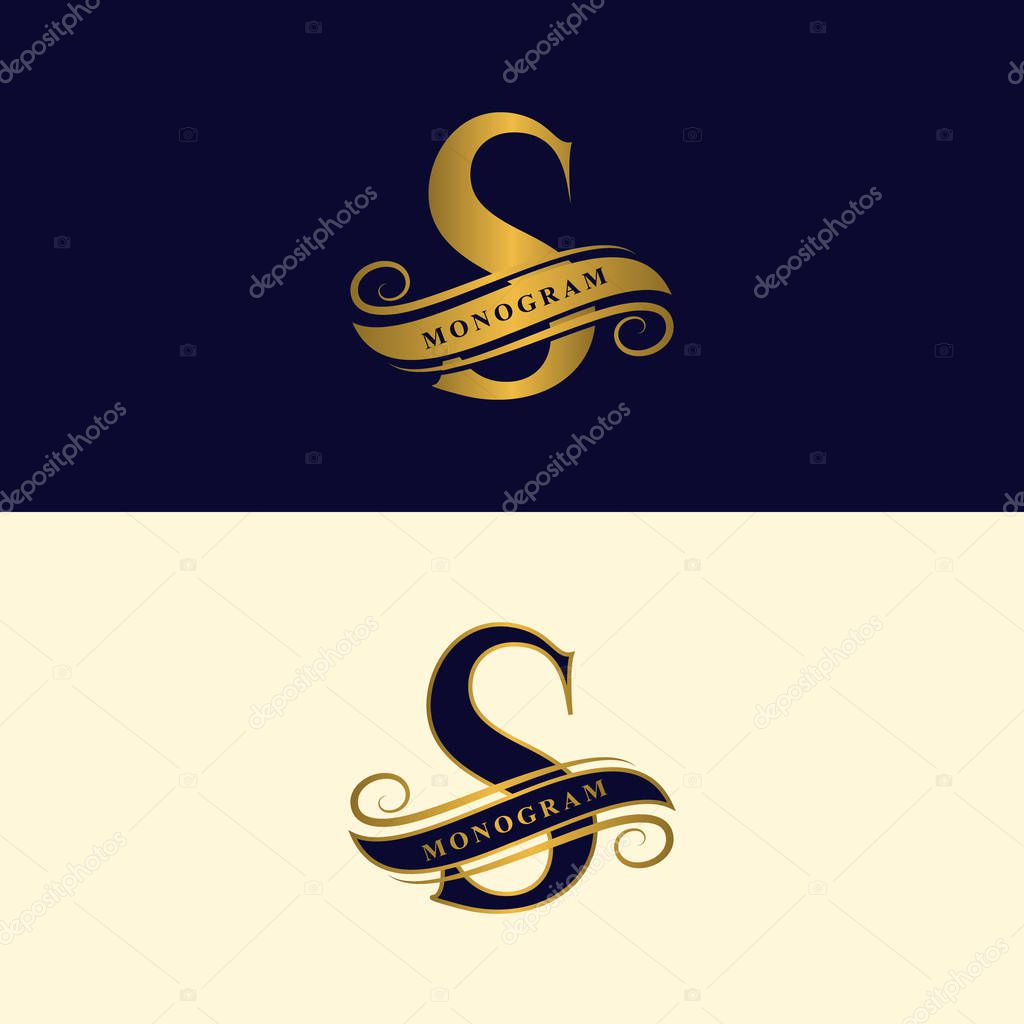 Gold letter S. Calligraphic beautiful logo with tape for labels. Graceful style. Vintage drawn emblem for book design, brand name, business card, Restaurant, Boutique, Hotel. Vector illustration