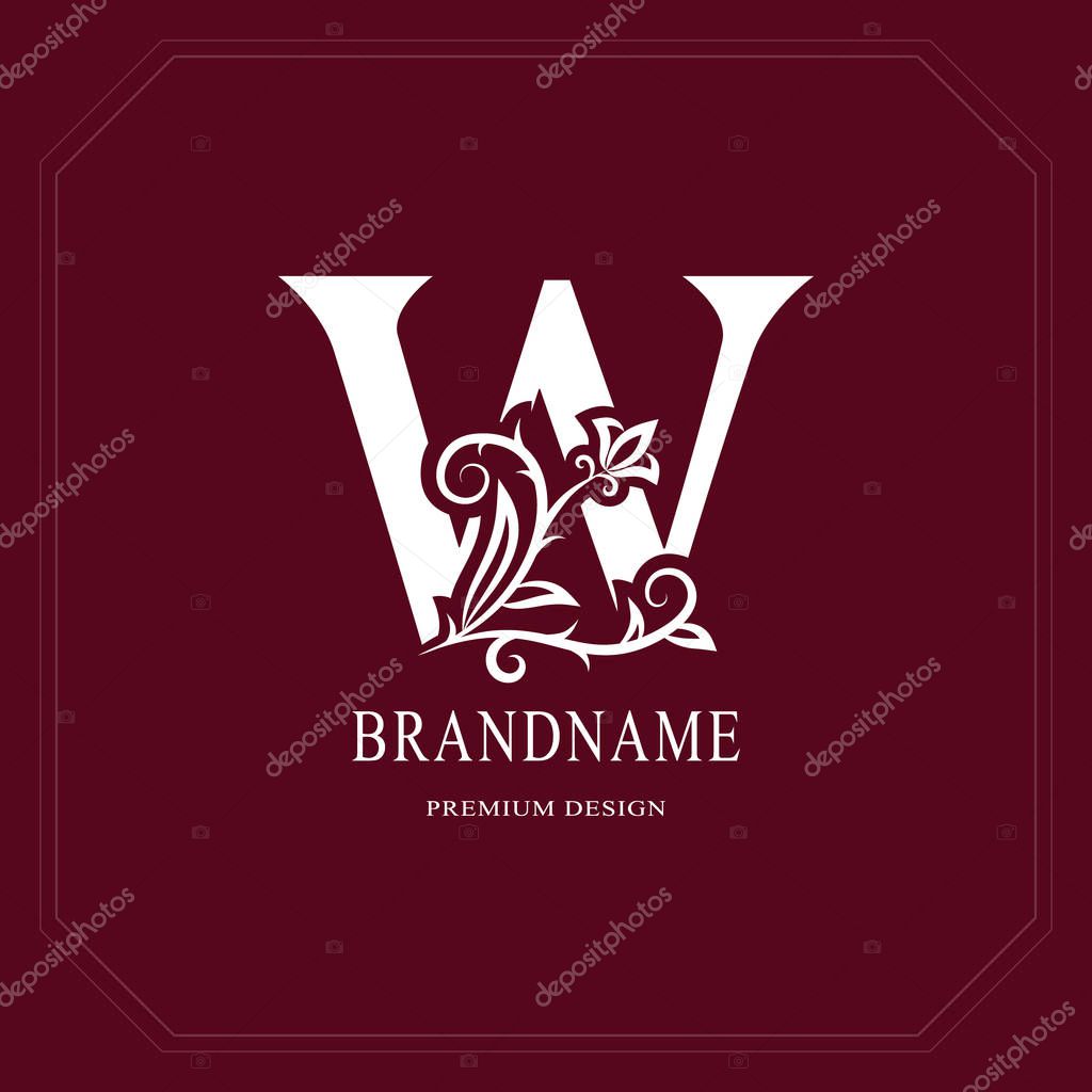 Elegant Capital letter W. Graceful floral style. Calligraphic beautiful logo. Vintage drawn emblem for book design, brand name, business card, Restaurant, Boutique, Hotel, Cafe. Vector illustration