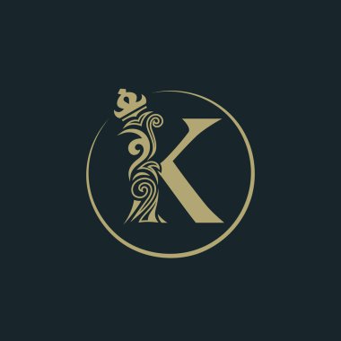 Zarif K harfi taç. Zarif royal tarzı. Kaligrafi güzel yuvarlak logo. Kitap tasarımı, marka adı, kartvizit, Restoran, butik, otel için Vintage çizilmiş amblemi. Vektör çizim